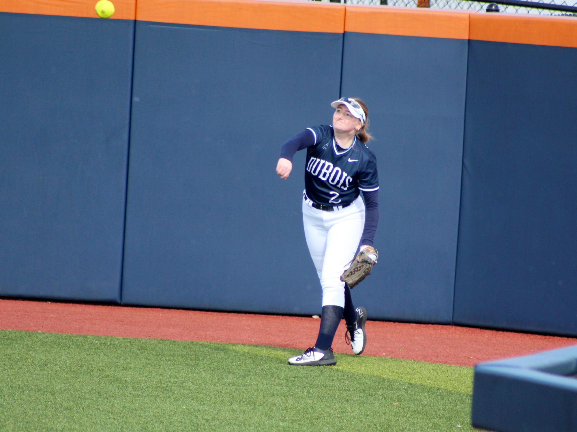 Penn State DuBois freshman Allison Lininger throws the ball back into the infield after making a play during a recent home game at Heindl Field in DuBois.
