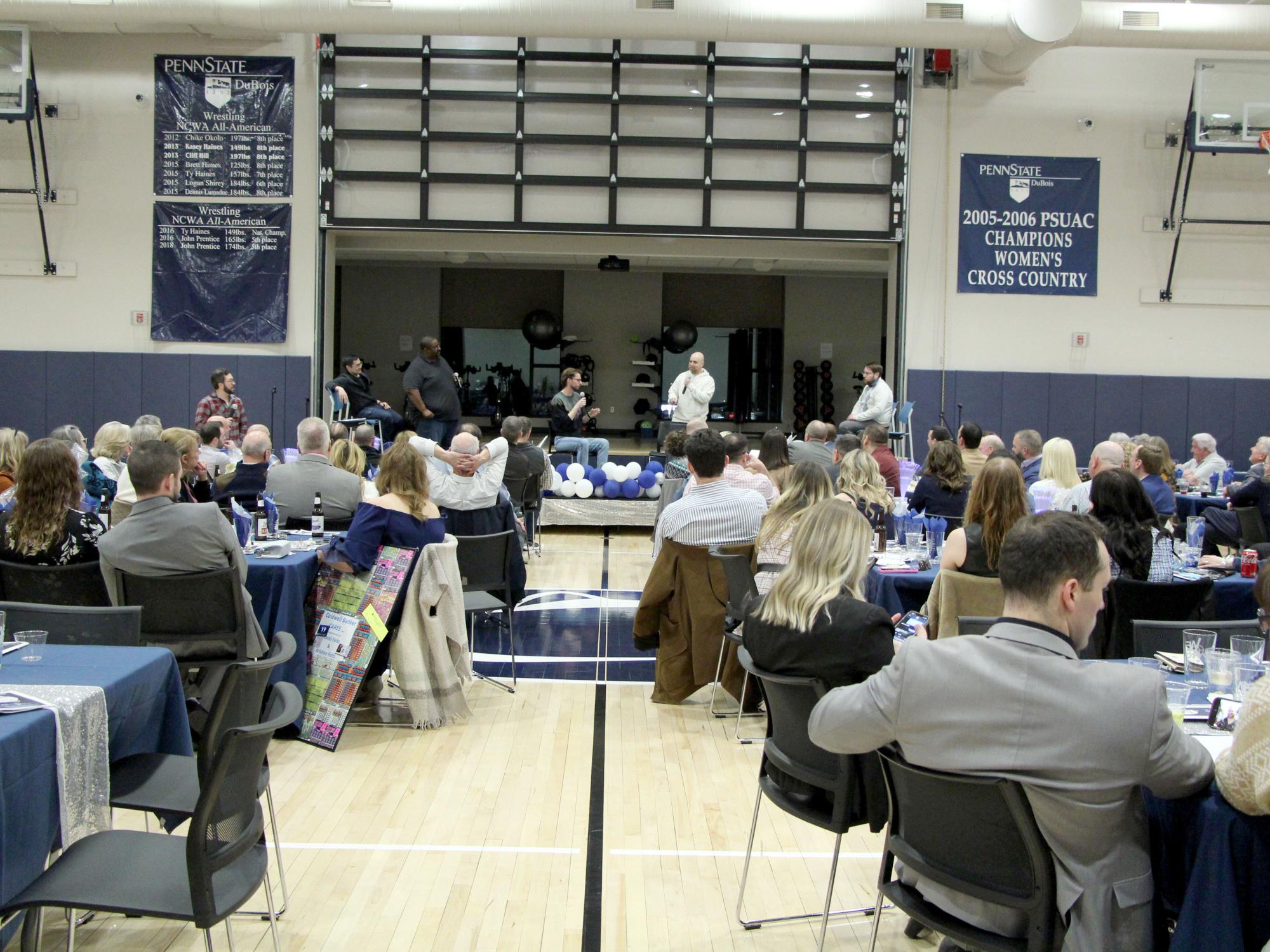 A wide view of Happy Valley Improv performing on stage at the PAW Center during the Lions, Legacy and Laughter event during We Are Weekend at Penn State DuBois.