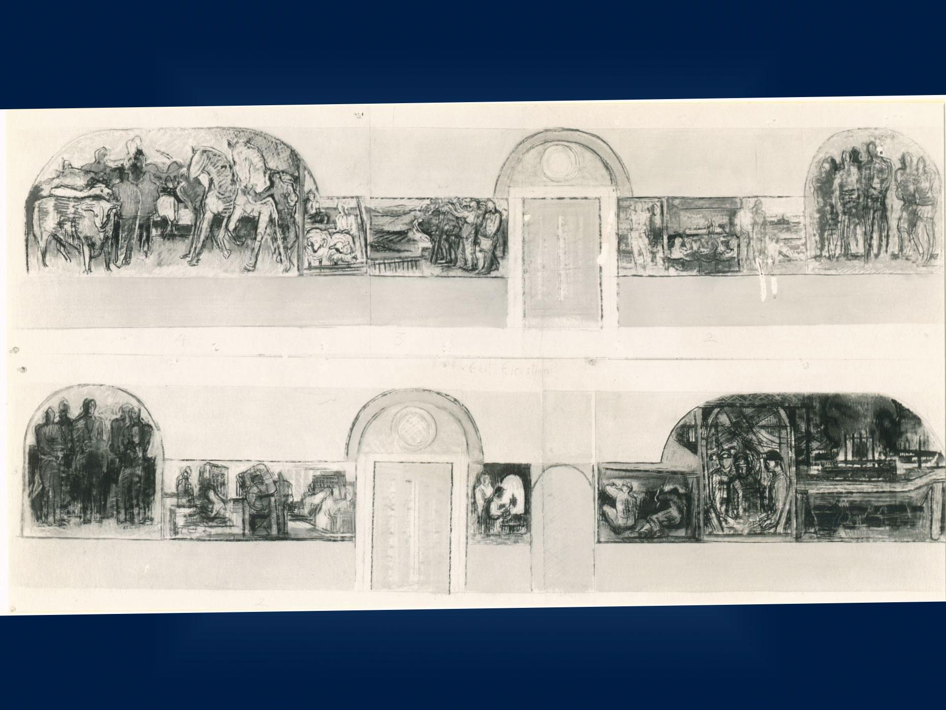 Sketches of the interior of Old Main, with figures and landscapes that would later become the land-grant frescoes.
