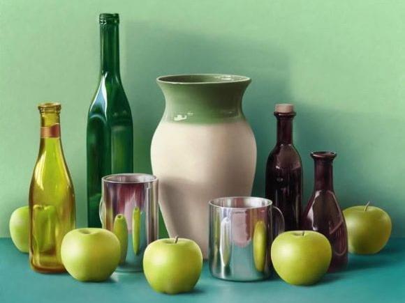 Still life of apples, bottles, vases