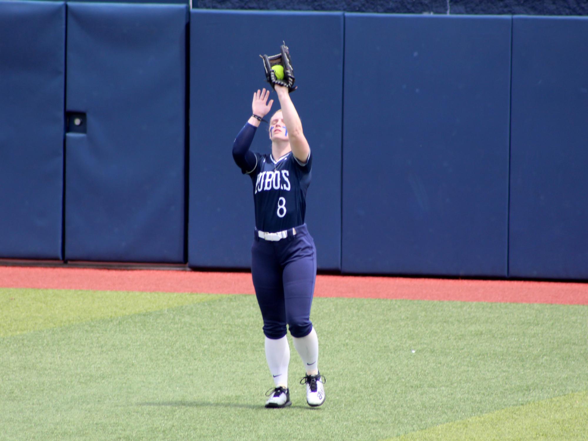 Penn State DuBois freshman Kamryn Mactavish makes a catch in the outfield during the game against Lyon during the USCAA Small College World Series.