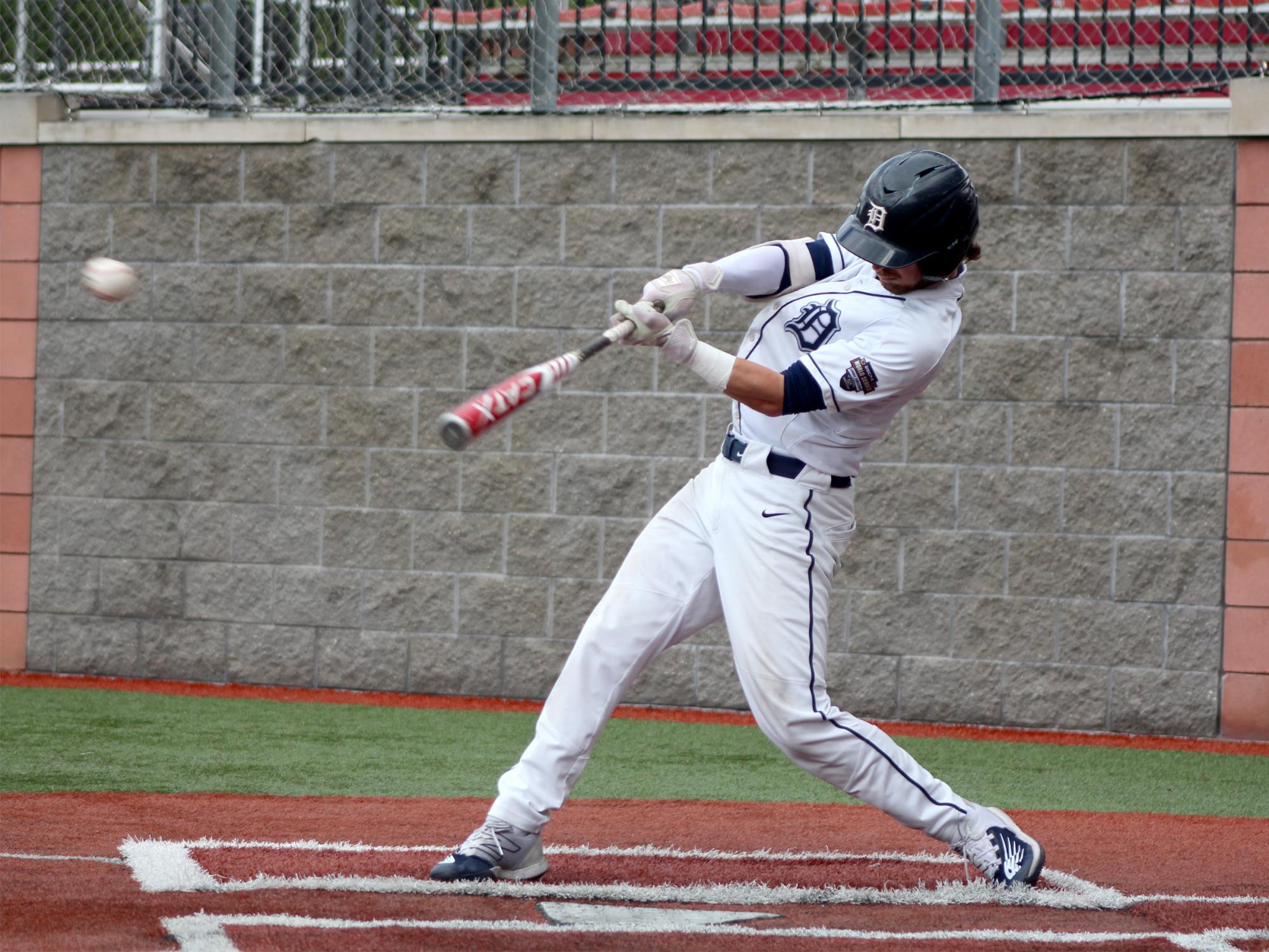 Penn State DuBois junior shortstop Colby Bodtorf connects with a pitch and sends it into the outfield for a hit during the USCAA Small College World Series at Showers Field in DuBois.