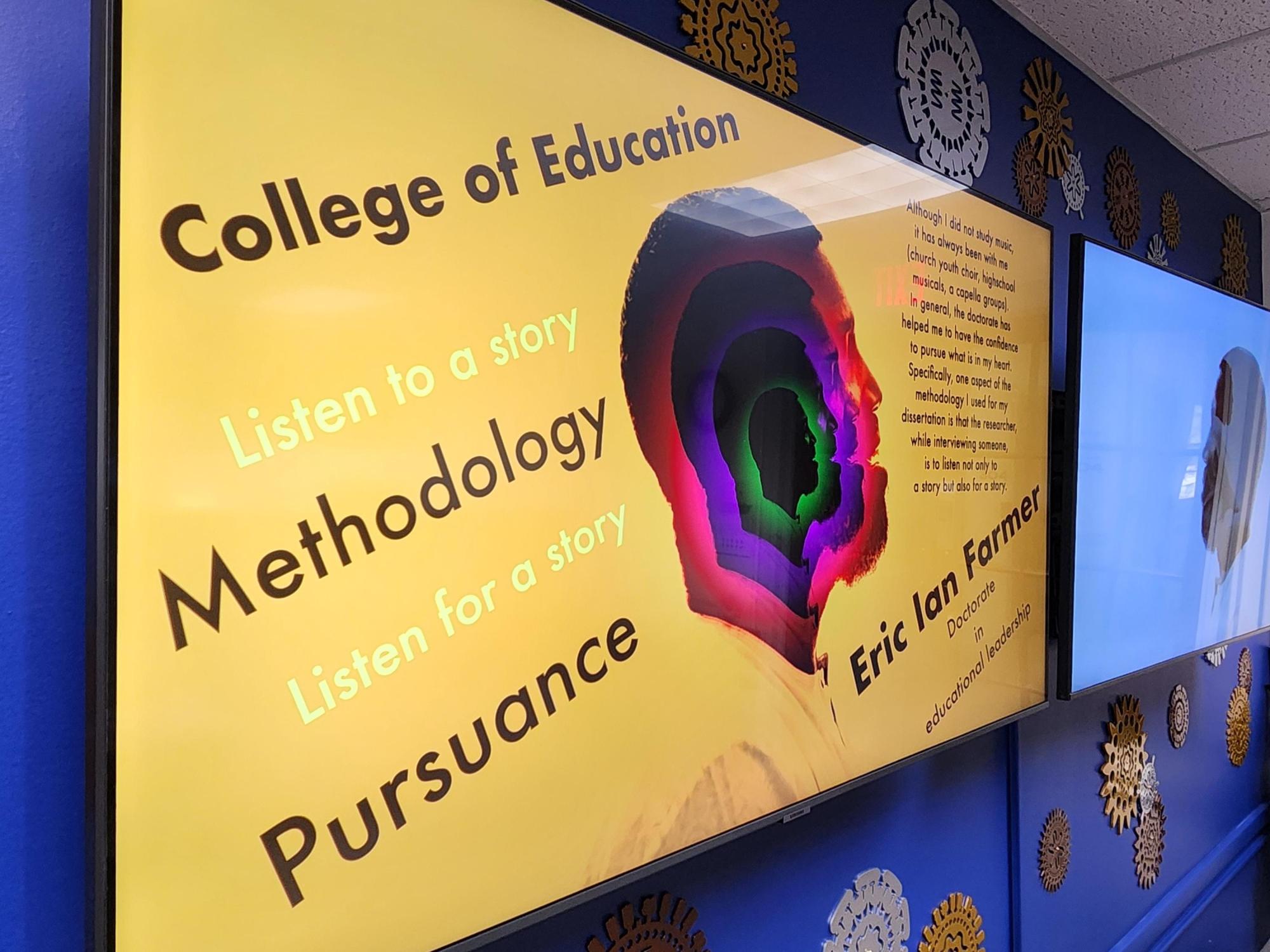 Wide screen monitors on a blue wall with yellow and blue images.