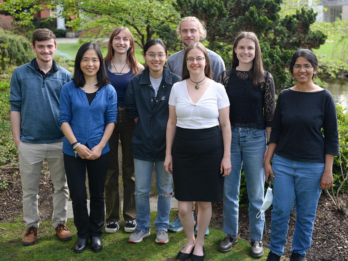 Li Li and her research group outside of the Hintz Family Alumni Center.