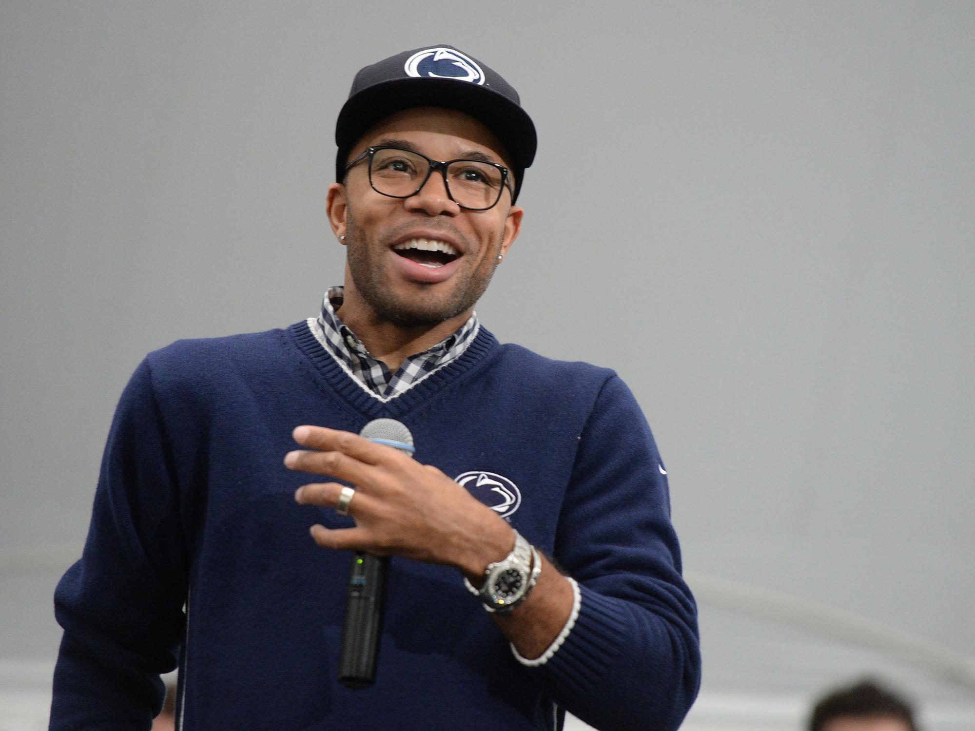 Adam Taliaferro speaking at 2016 pep rally