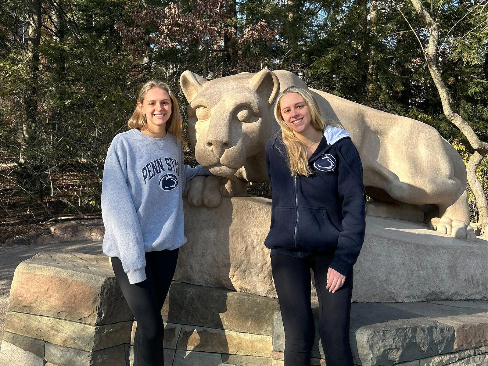 Julie (left) and Becky (right) Jenkins at the Nittany Lion Shrine at Penn State University Park