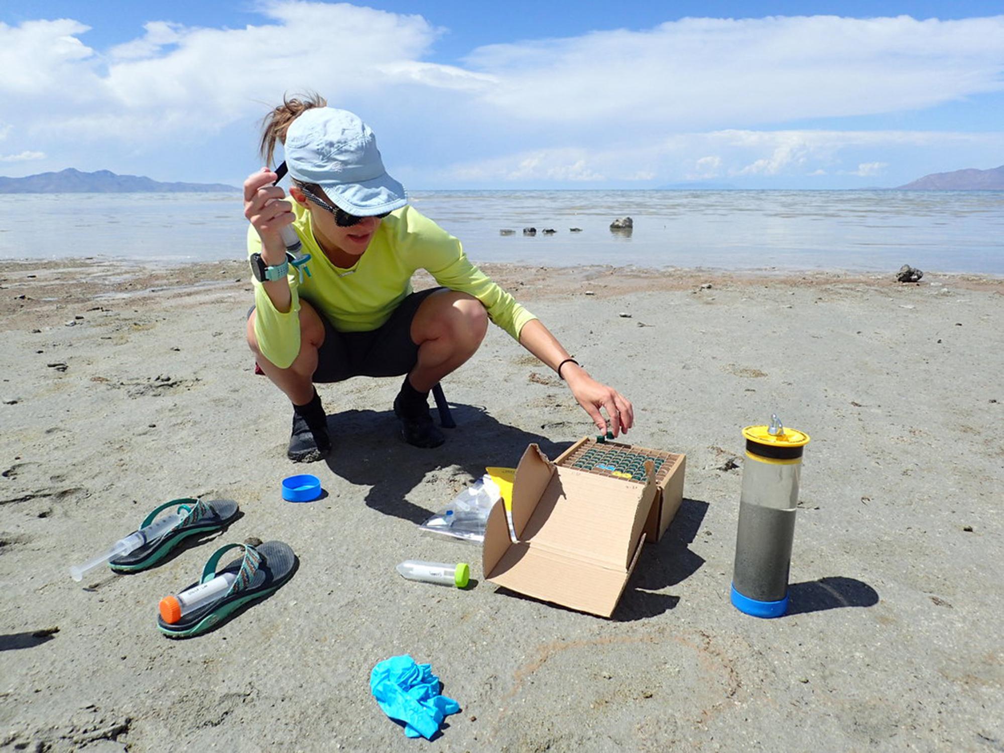 Miquela Ingalls collects data in the Great Salt Lake. 