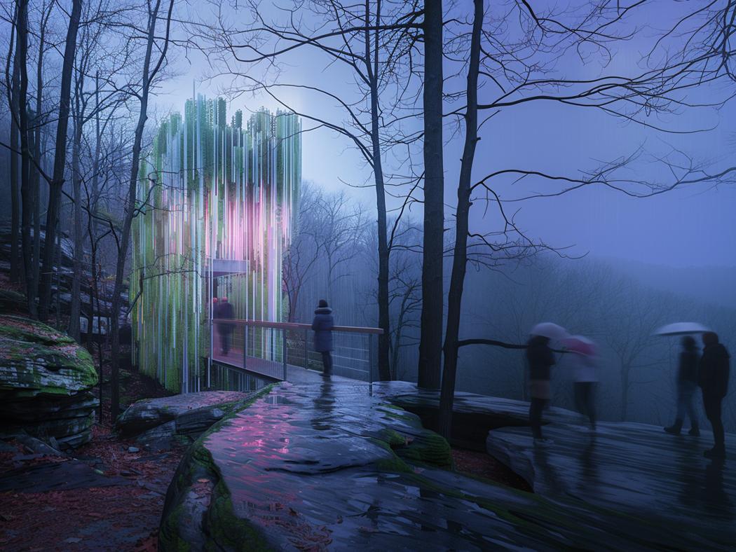 An AI rendering of a pavilion lit up at night in a forest with people holding umbrellas approaching it.