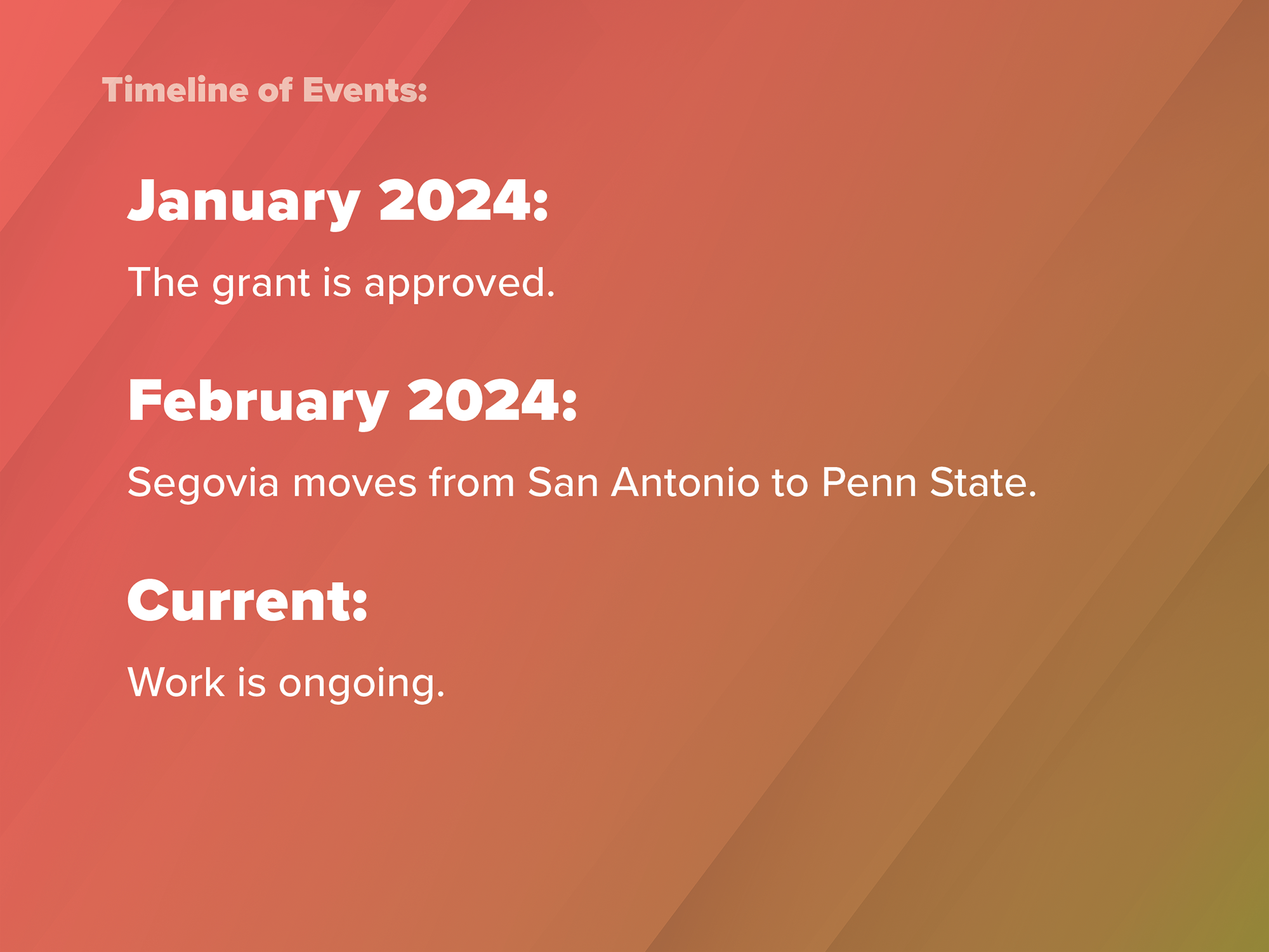 January 2024: The grant is approved. February 2024: Segovia moves from San Antonio to Penn State. Current: Work is ongoing.