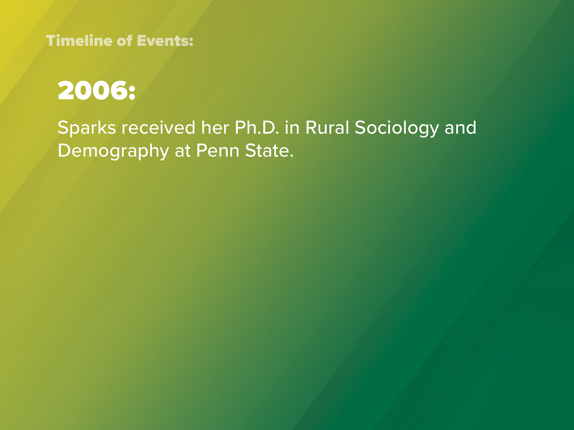 2006: Sparks received her Ph.D. in Rural Sociology and Demography at Penn State.