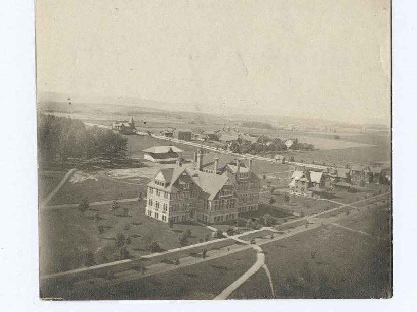 A black and white picture of a college campus in the 1800s