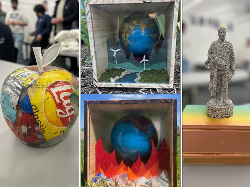 three images of student projects: a 3D-printed model of a man on top of a building, a resin apple filled with trash, and a dual-sided collage of the globe
