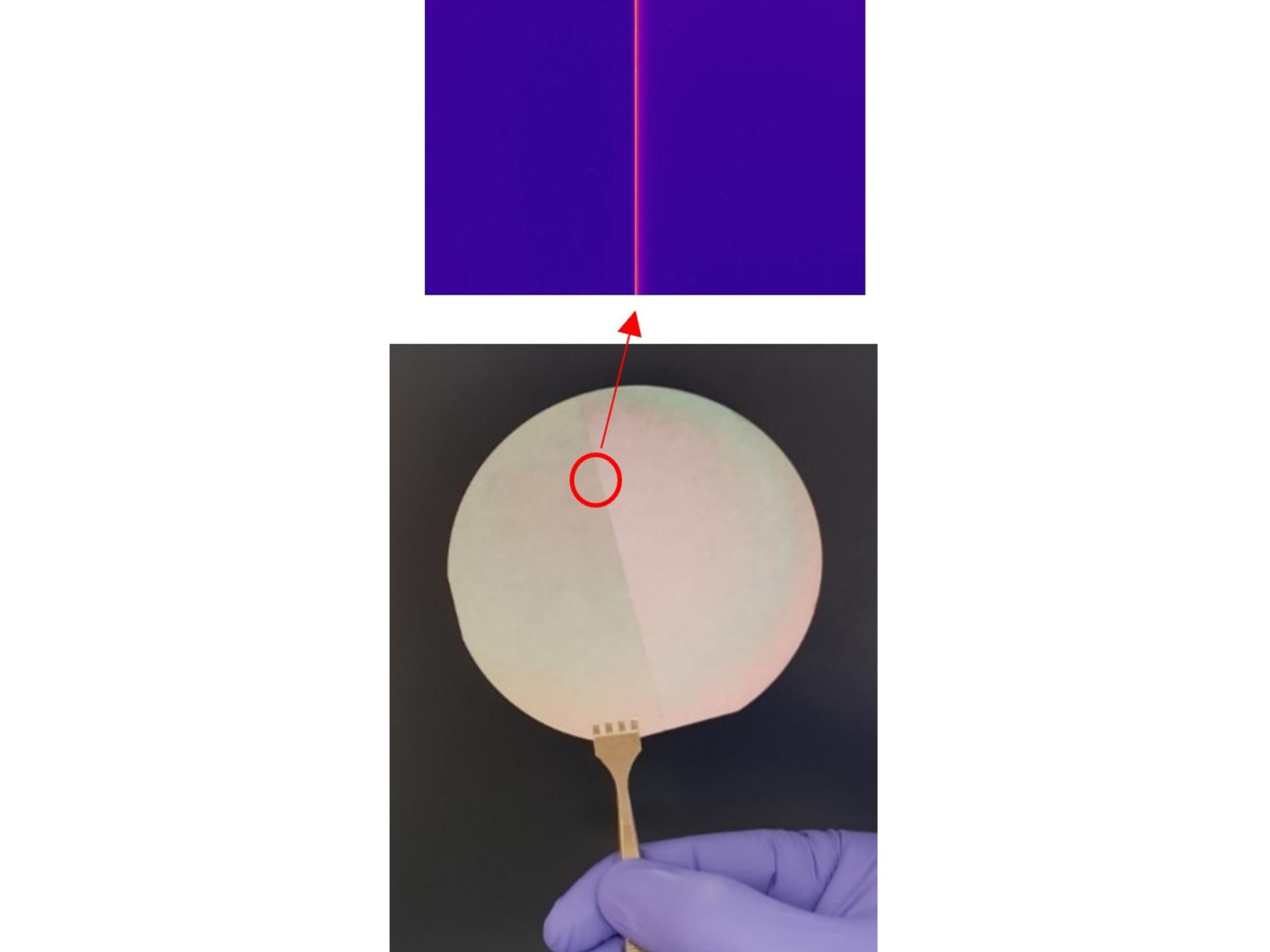Two images, one of a white circle on a black background and a callout to a red line on a blue background