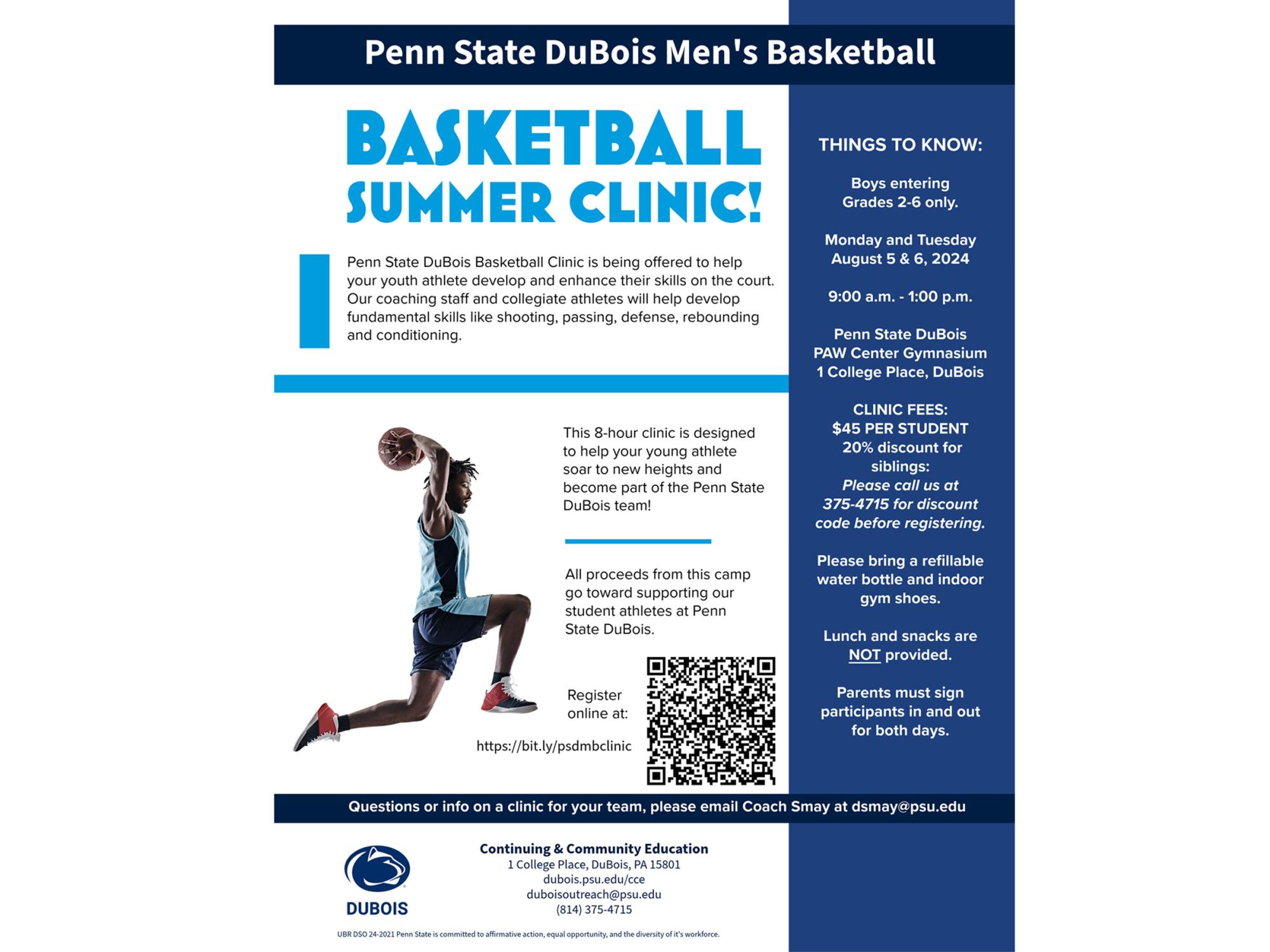 The flyer for the upcoming basketball summer clinic at Penn State DuBois on Aug. 5 and 6.