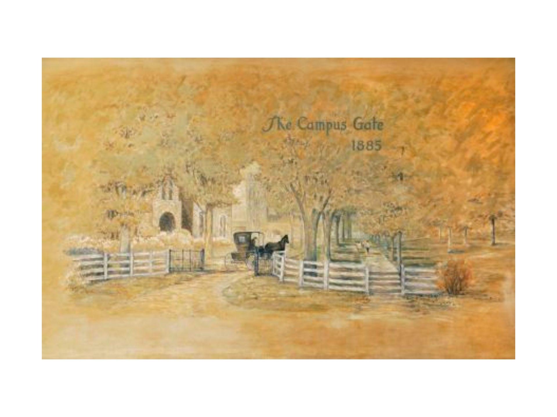 A drawing of the campus gate in 1885.