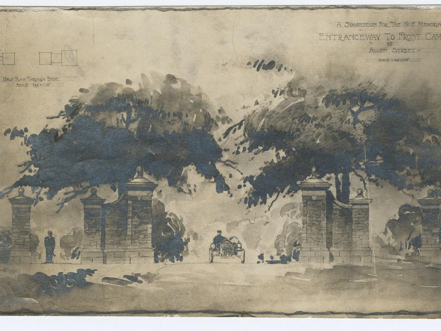 A rendering of the proposed memorial gates, a gift of the class of 1916. 