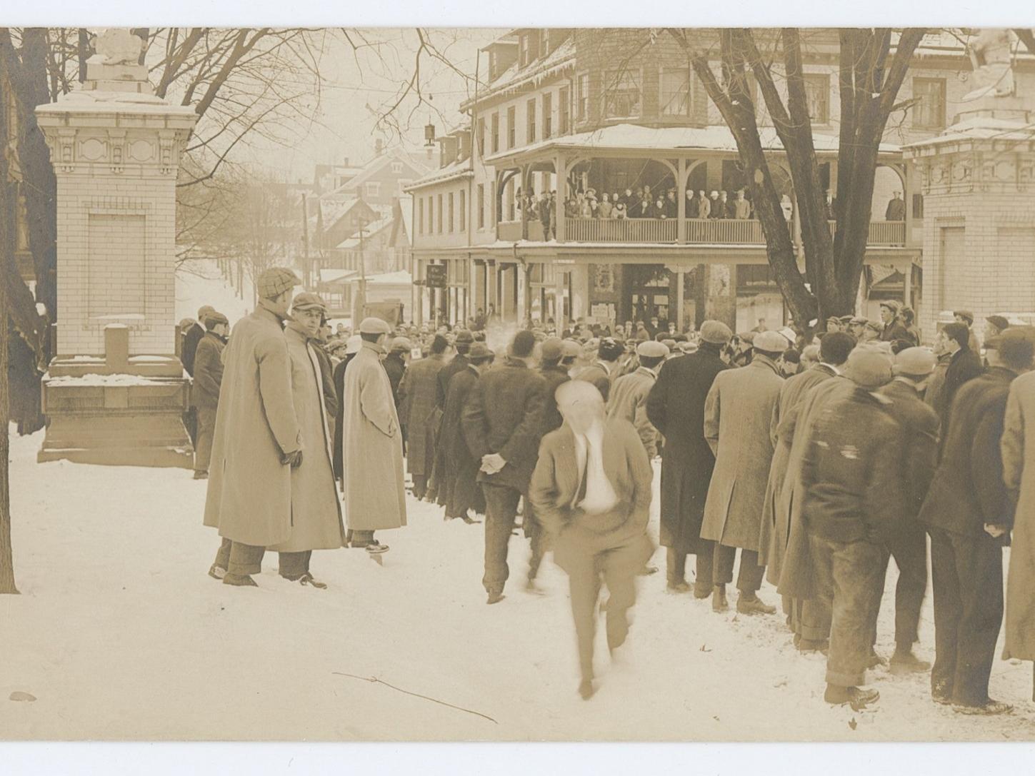 A large group of people in winter in the early 1900s