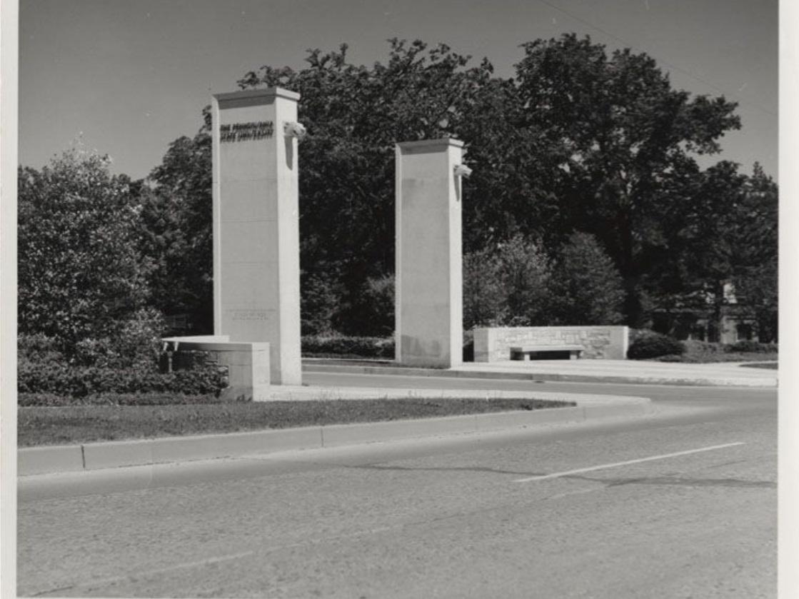 Two stone pillars with the Nittany Lion on them