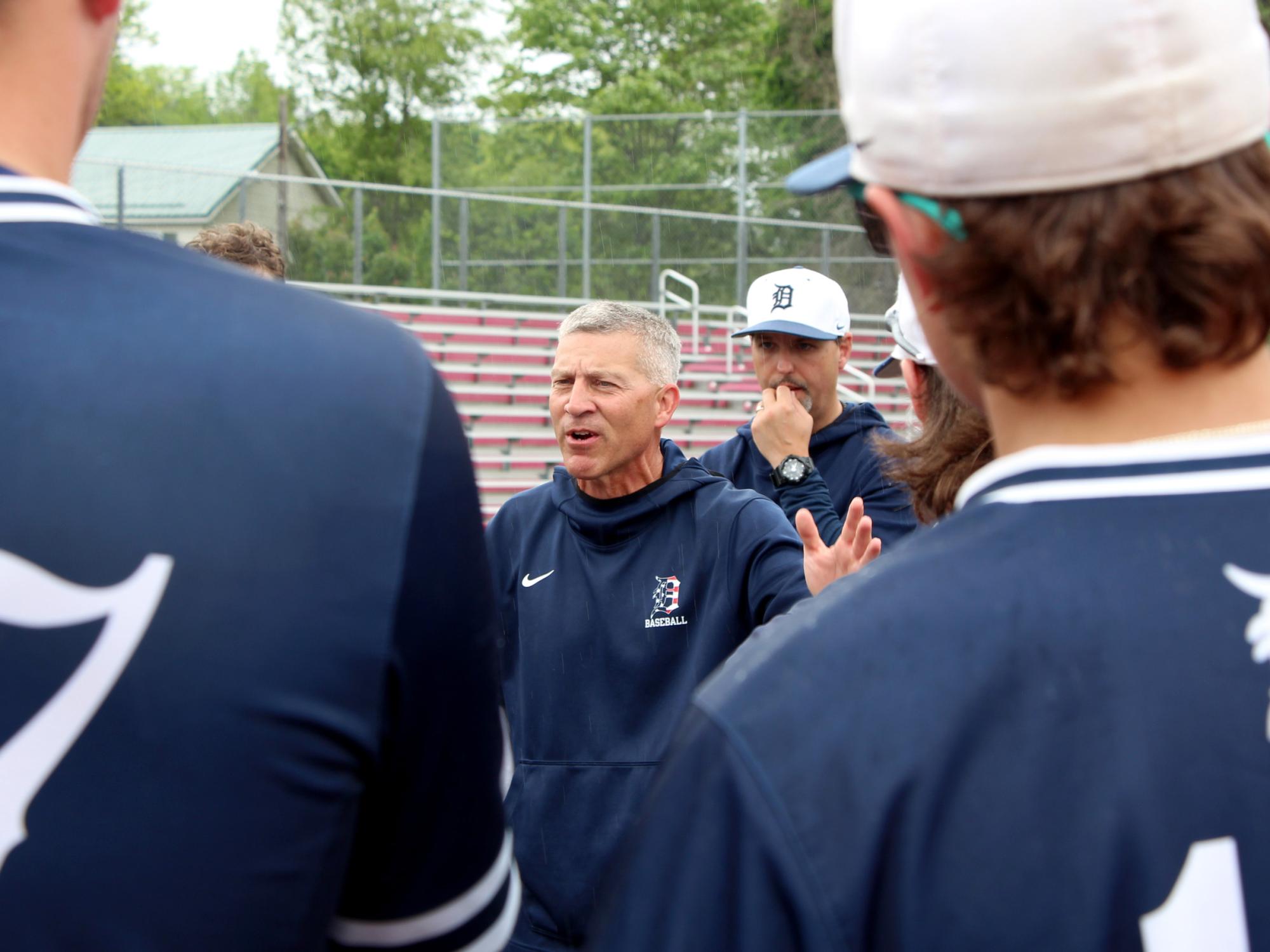 Former Penn State DuBois baseball head coach Tom Calliari talks with his team following a game in the 2024 USCAA Small College World Series.