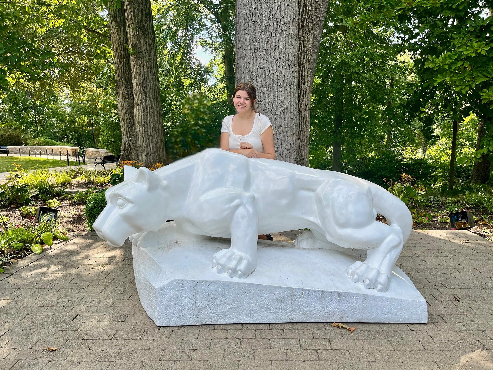 Monica Pineiro with the Nittany Lion Shrine at Penn State Abington