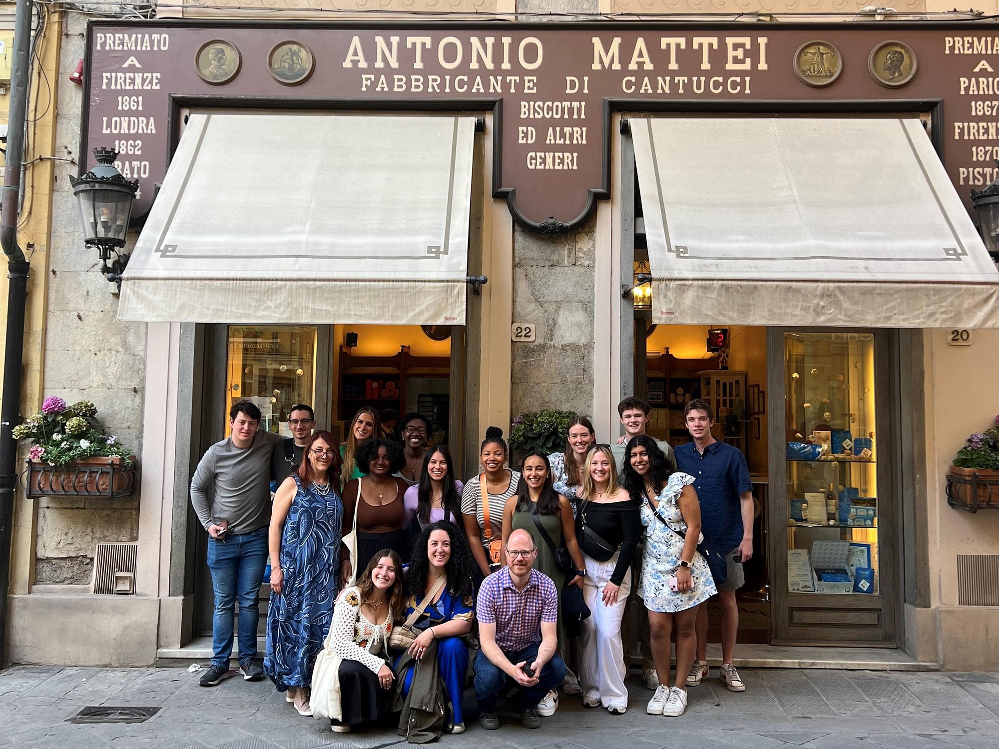 Students and faculty pose in from of Antonio Mattei Biscuit Factory in Prato, Italy.