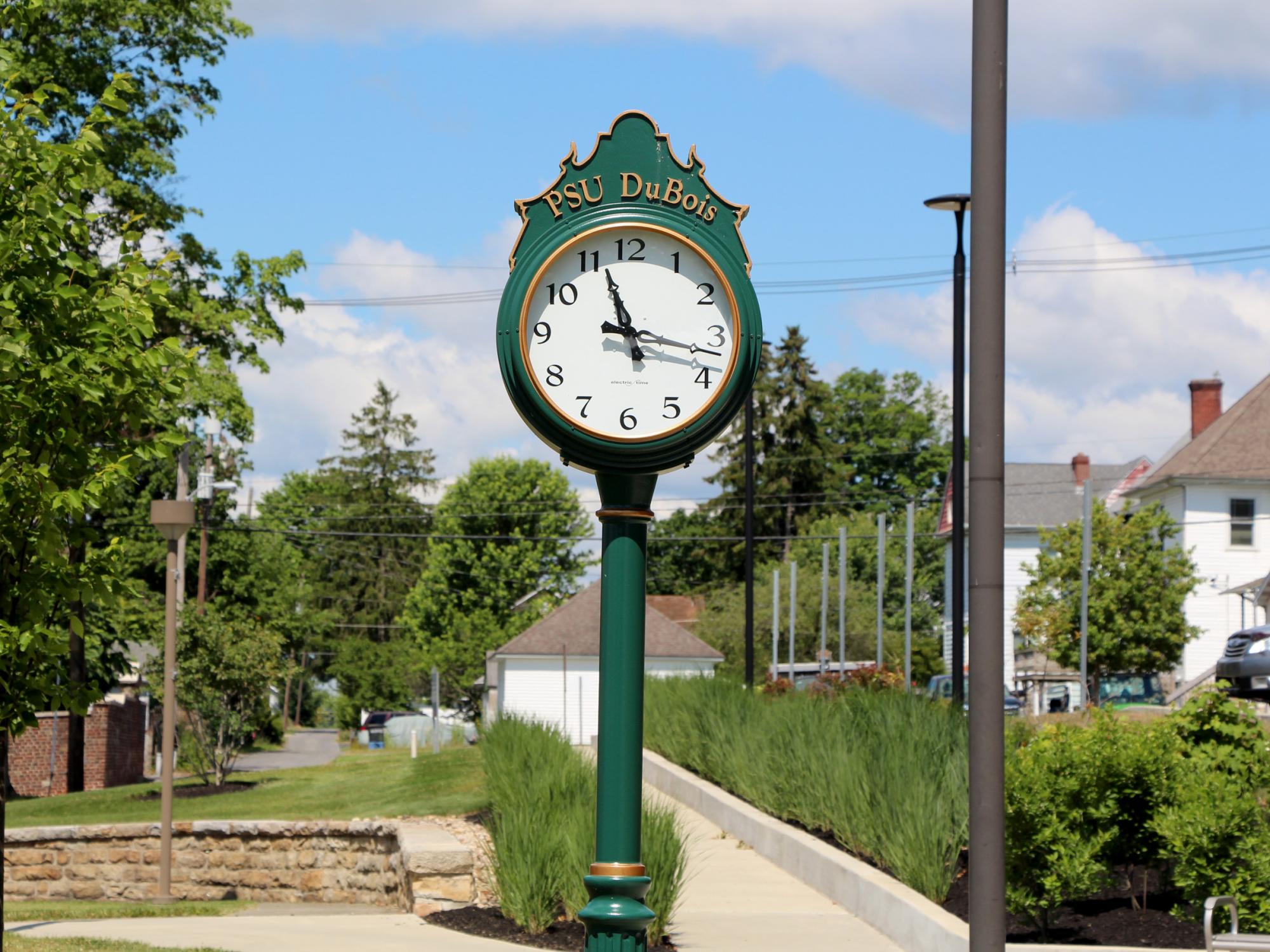 A direct on view of the new clock that was installed on the Penn State DuBois campus. The clock sits outside of the lower entrance of the PAW Center.