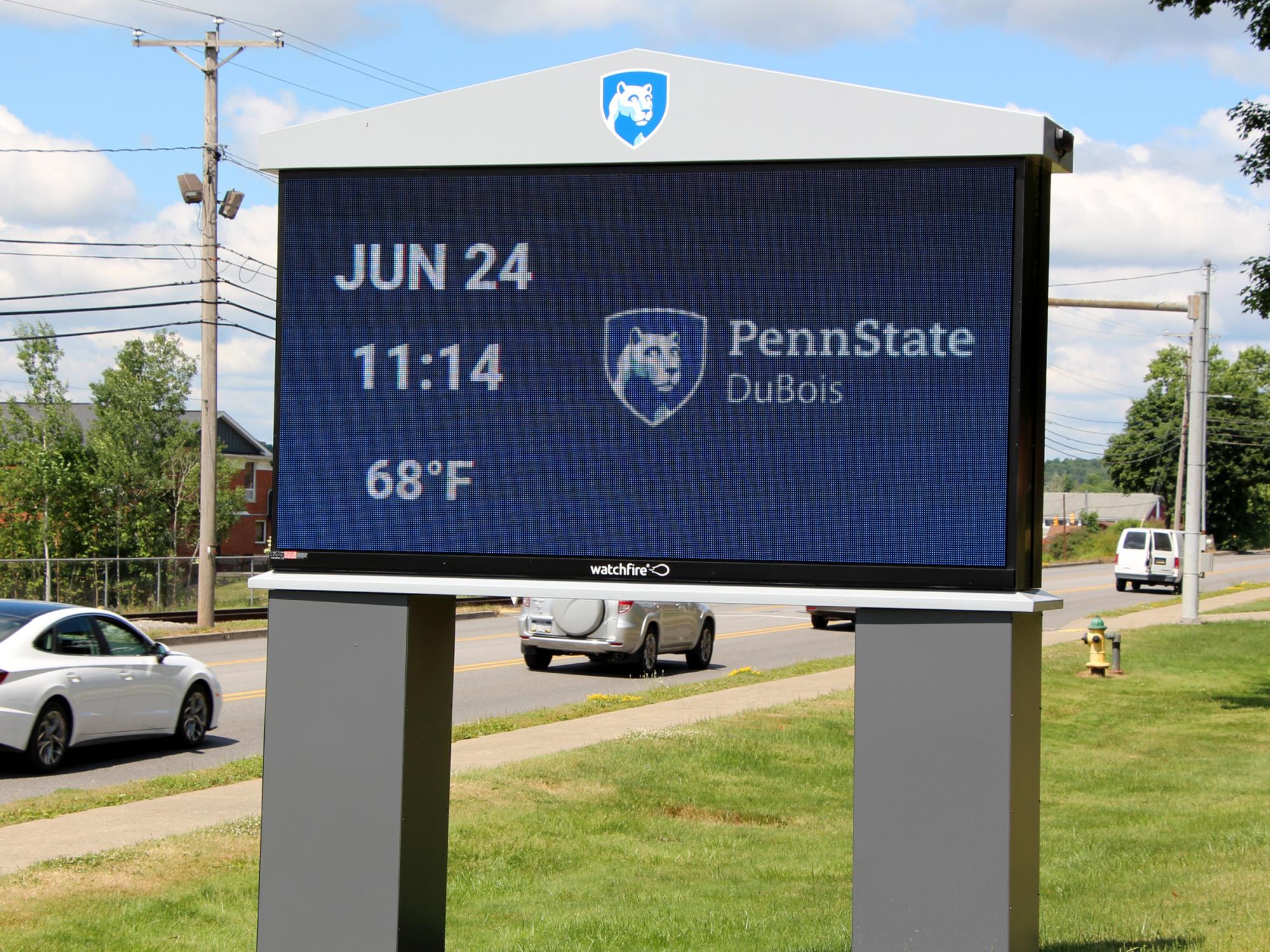 The digital sign on the Penn State DuBois campus. The sign sits alongside state route 255, East DuBois Avenue, in the city of DuBois.