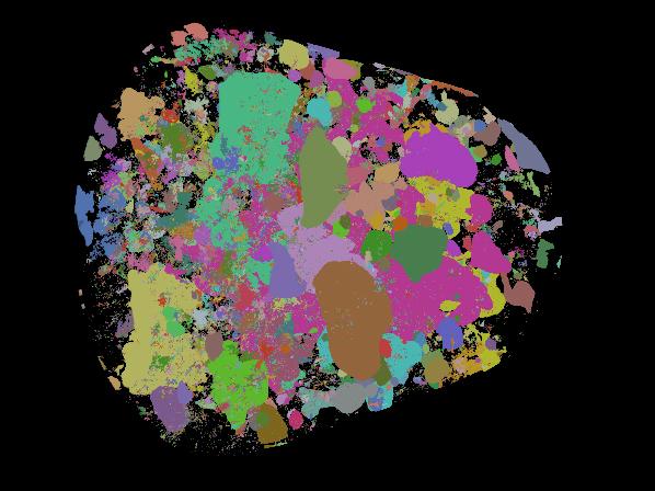 scan of picrite rock core pores shown by various colored shapes