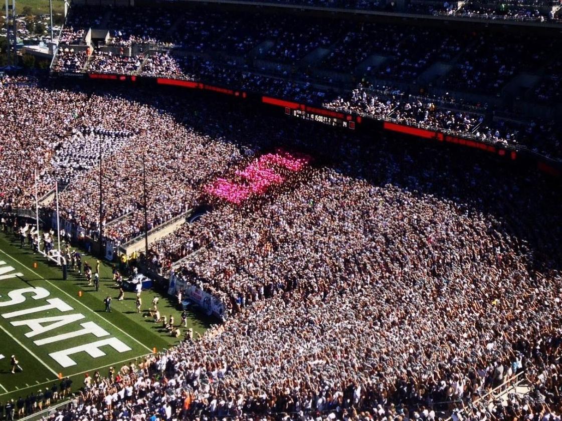 Football fans form a black square with a large pink S inside of it in a crowded football stadium