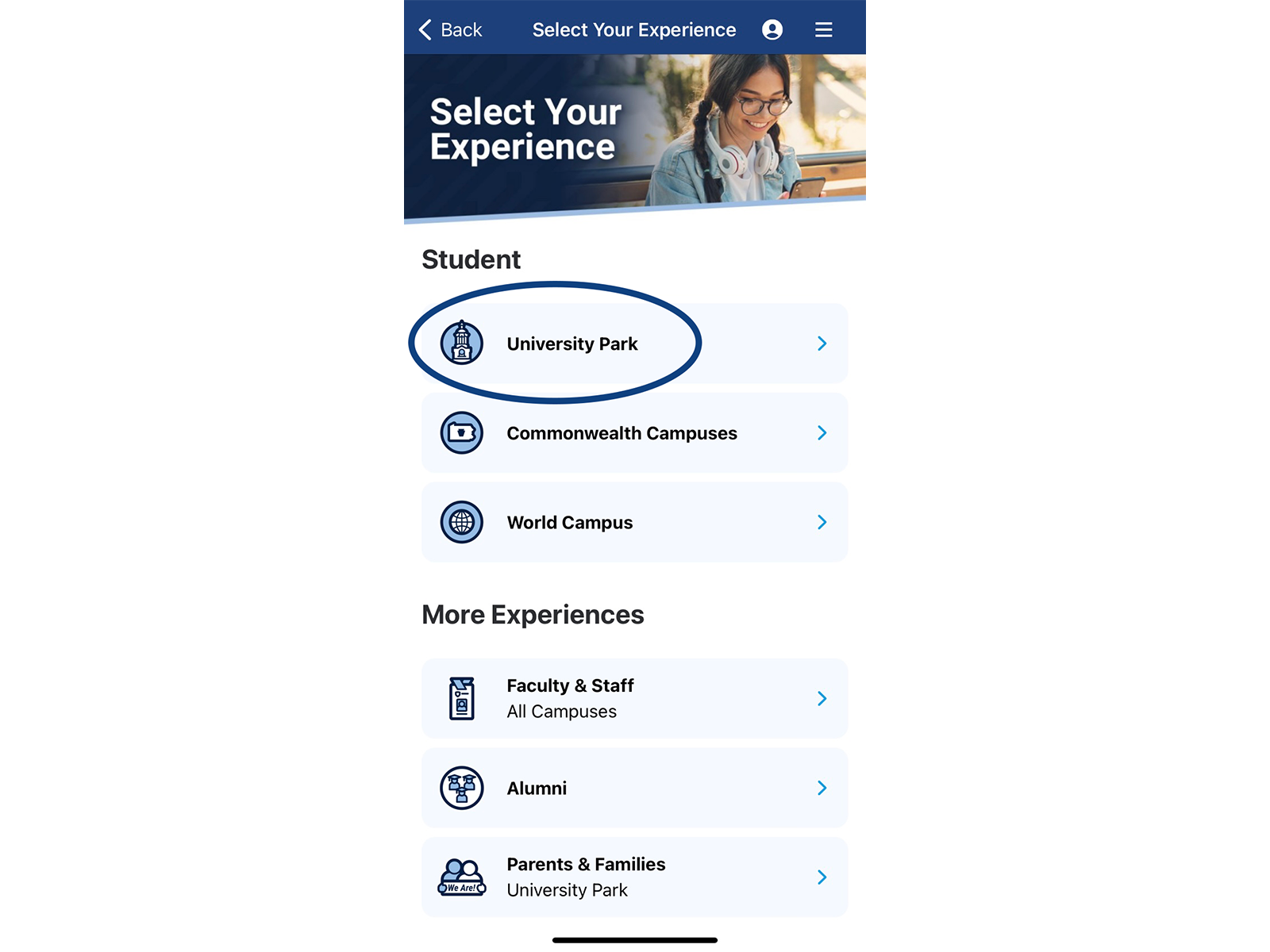 Screenshot of Penn State Go app