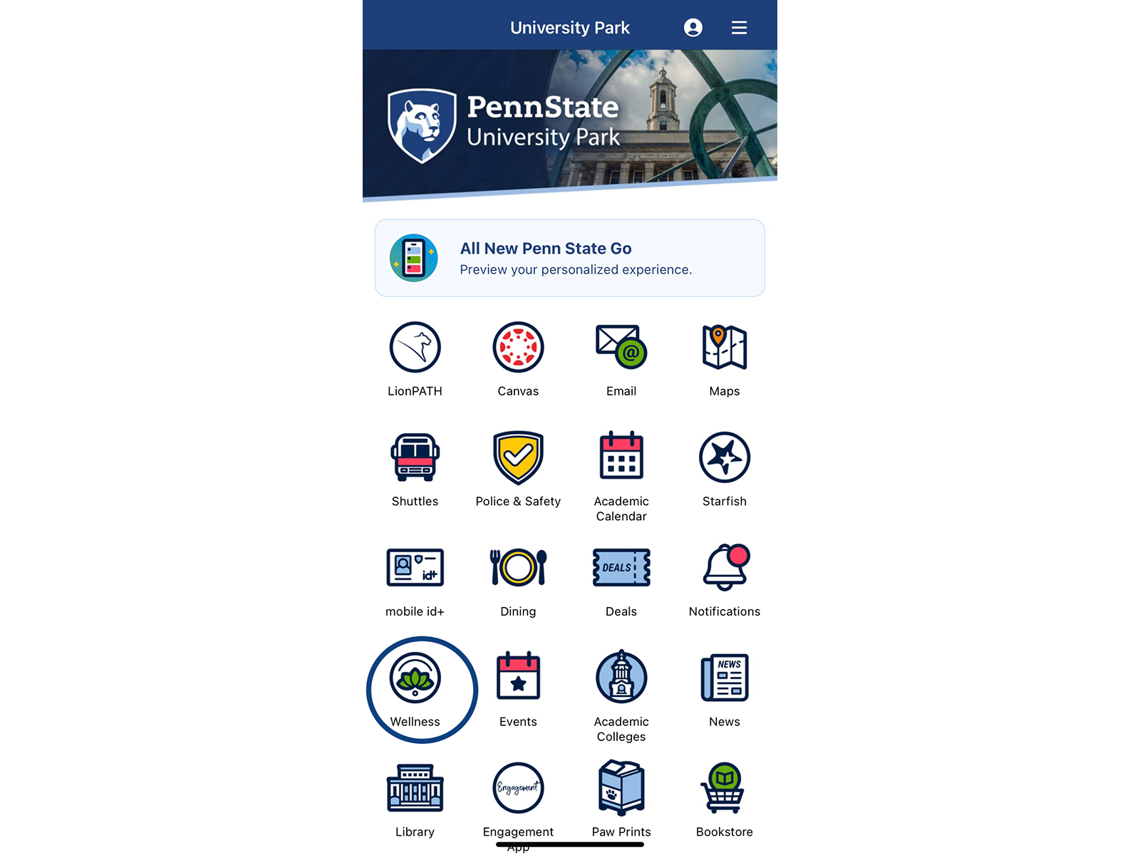 Screenshot of the Penn State Go app
