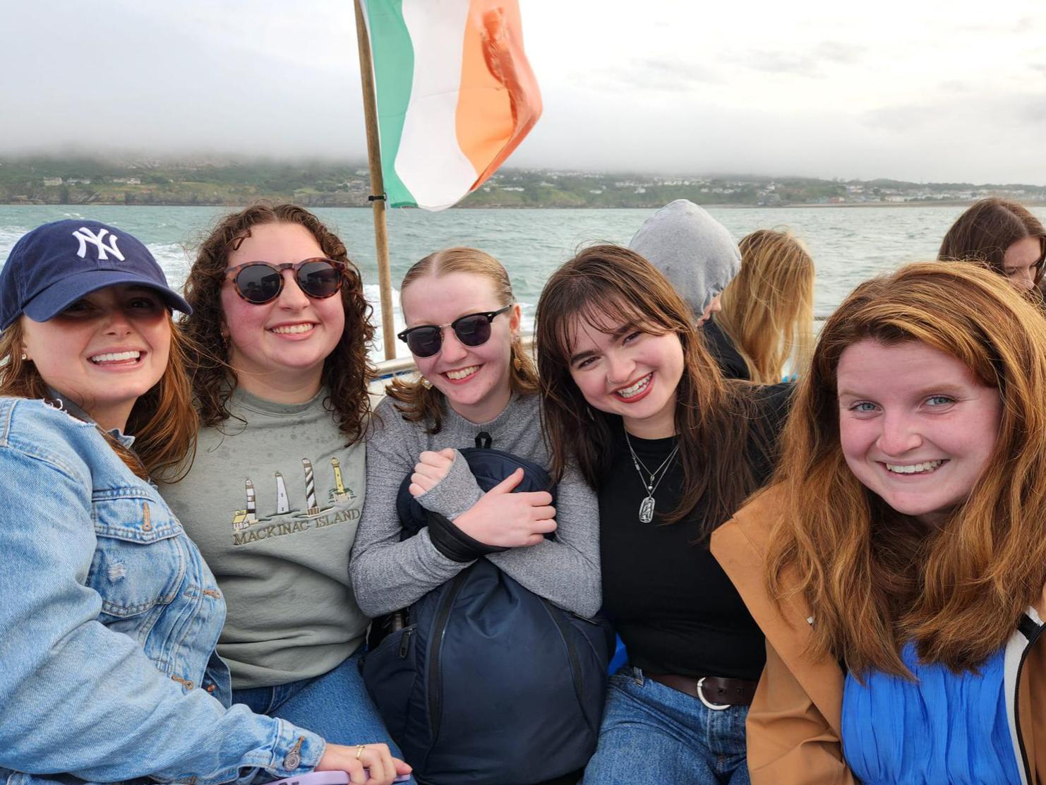 Teagan Mayr (right) with four friends on a boat tour in Ireland.