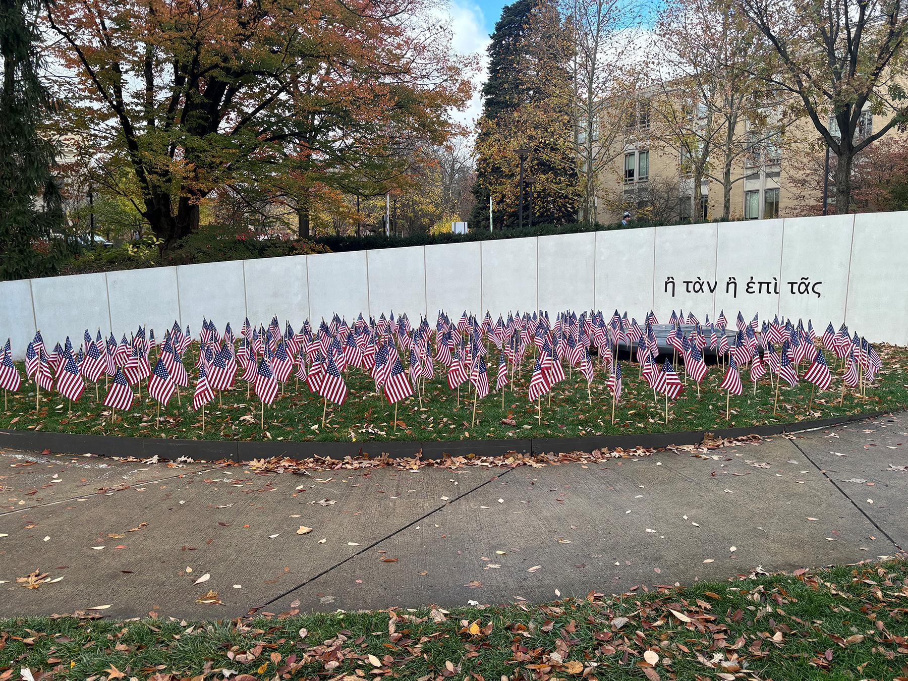 Small American Flags fly in a memorial area.