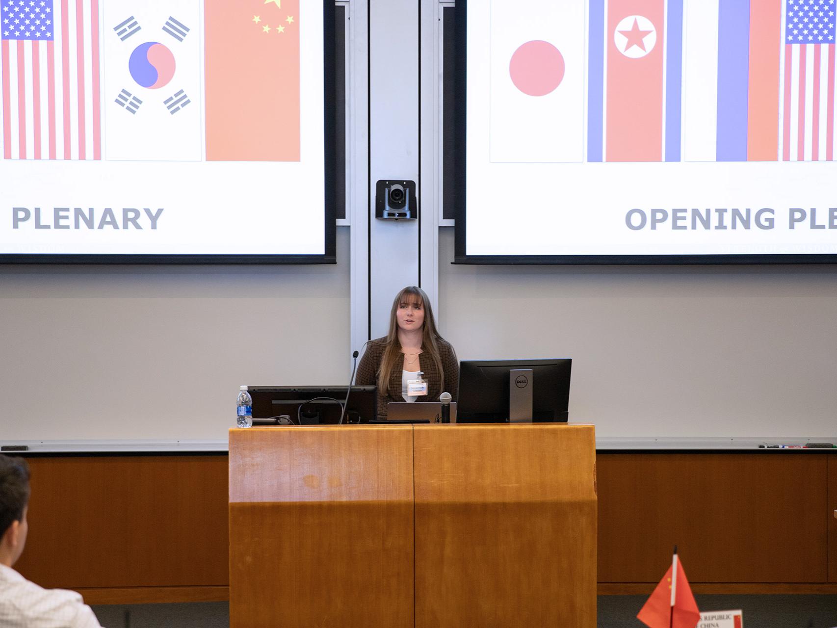 SIA student Savannah Gibson speaking during the opening plenary session as head delegate of Russia.