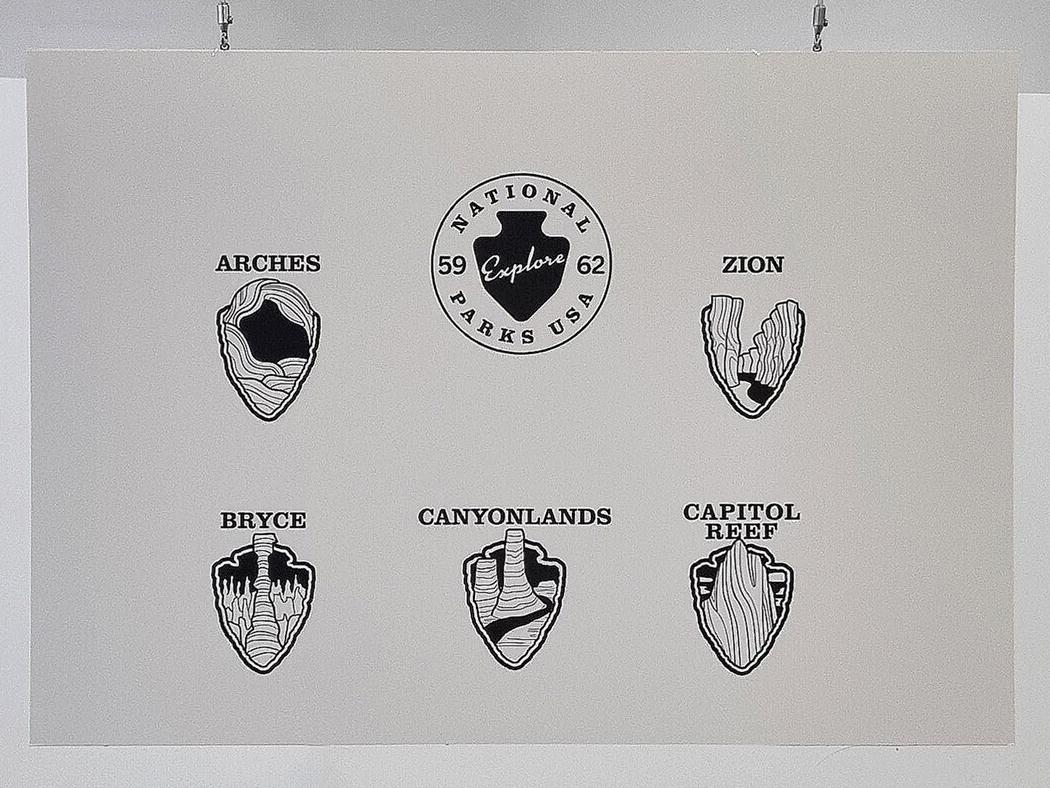 Six black and white passport cancellation designs for U.S. national parks.
