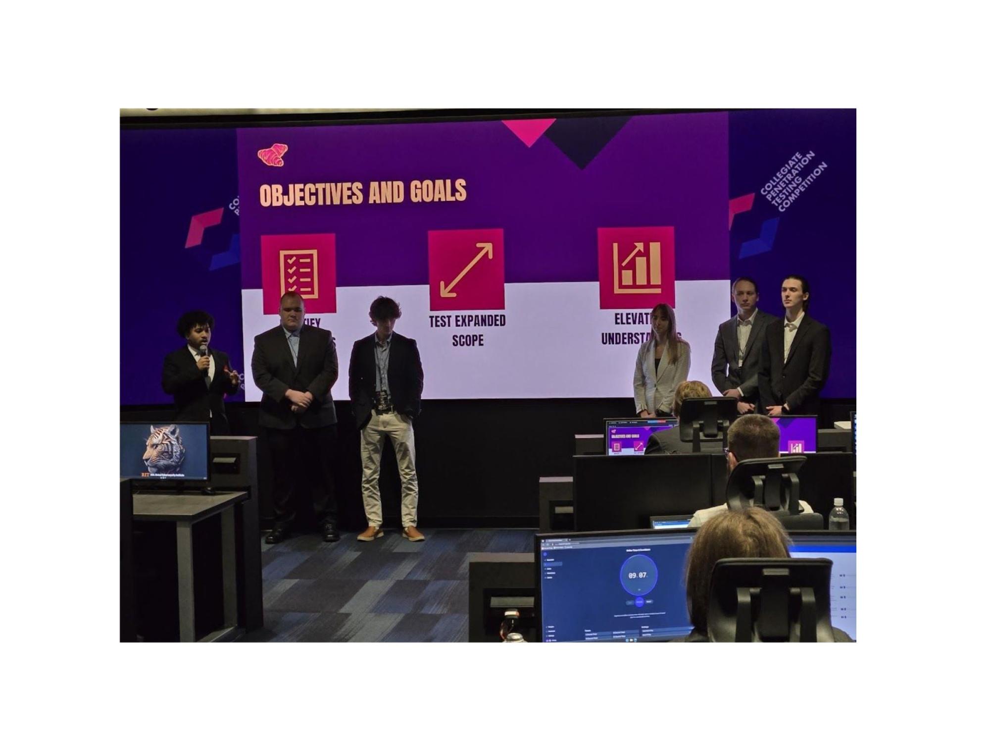 team of college students make presentation at conference