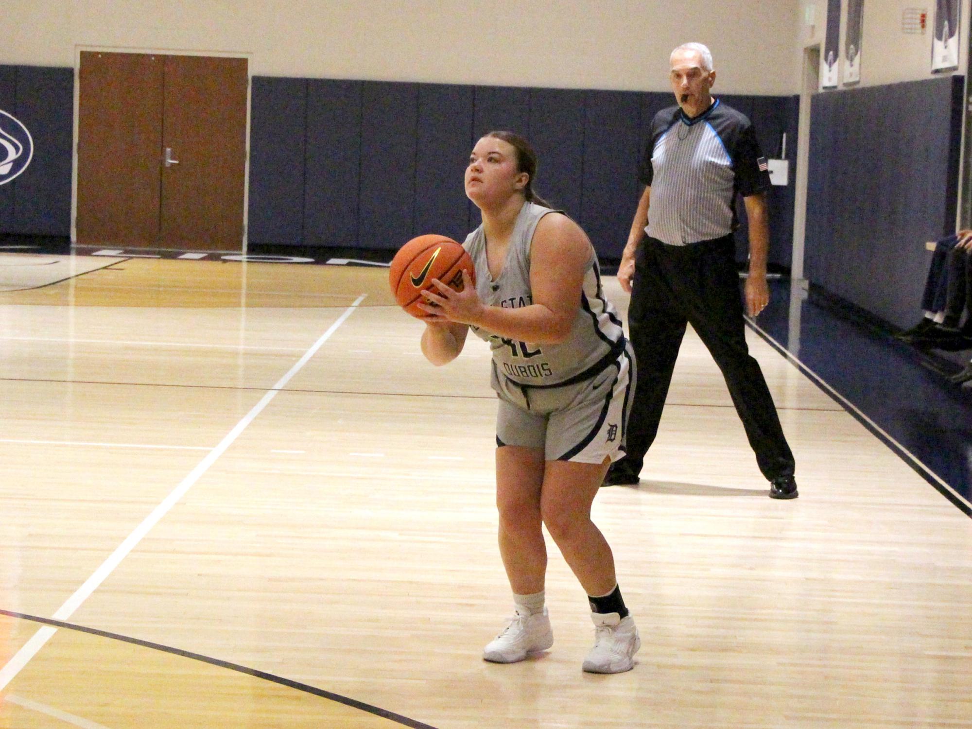 Penn State DuBois senior guard Kelsey Stuart prepares to shoot a three pointer during a recent home game at the PAW Center, on the campus of Penn State DuBois.