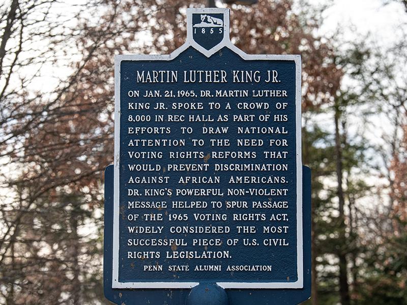 A marker describing Martin Luther King Jr.'s visit to University Park campus