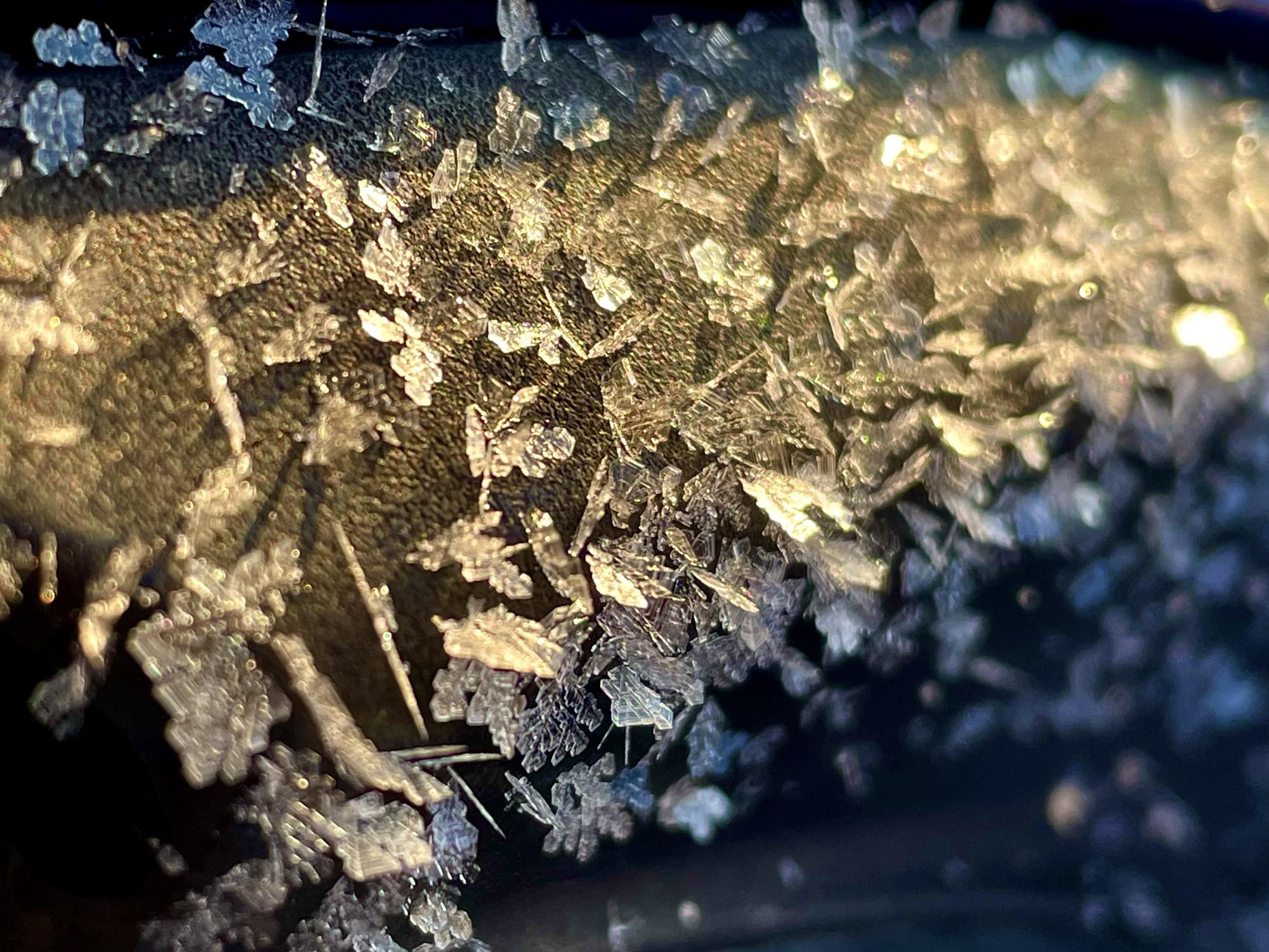 A closeup picture of icy snowflakes