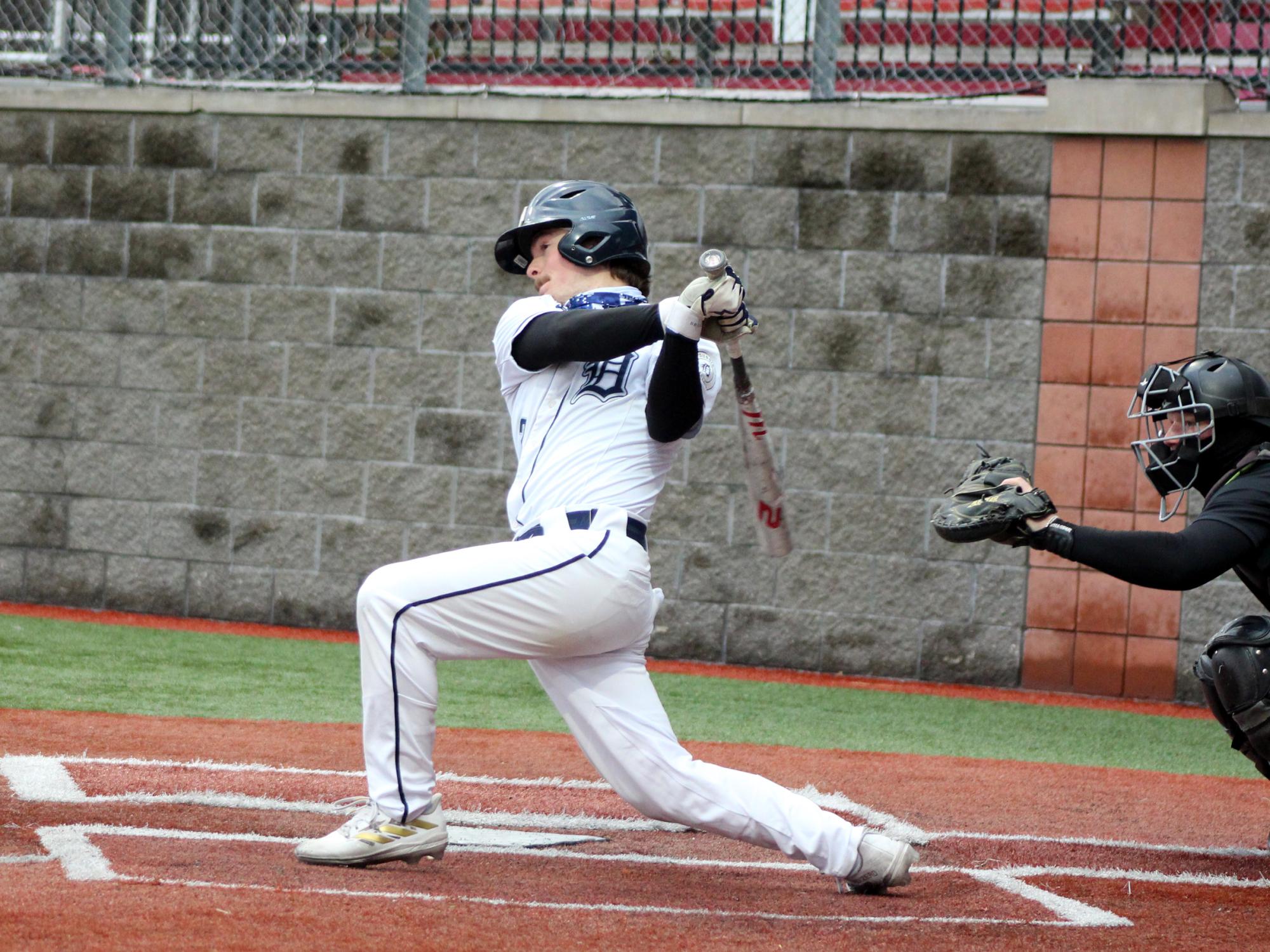 Penn State DuBois junior infielder Kyle Elensky follows through on a base hit during a recent home game at Showers Field in DuBois.
