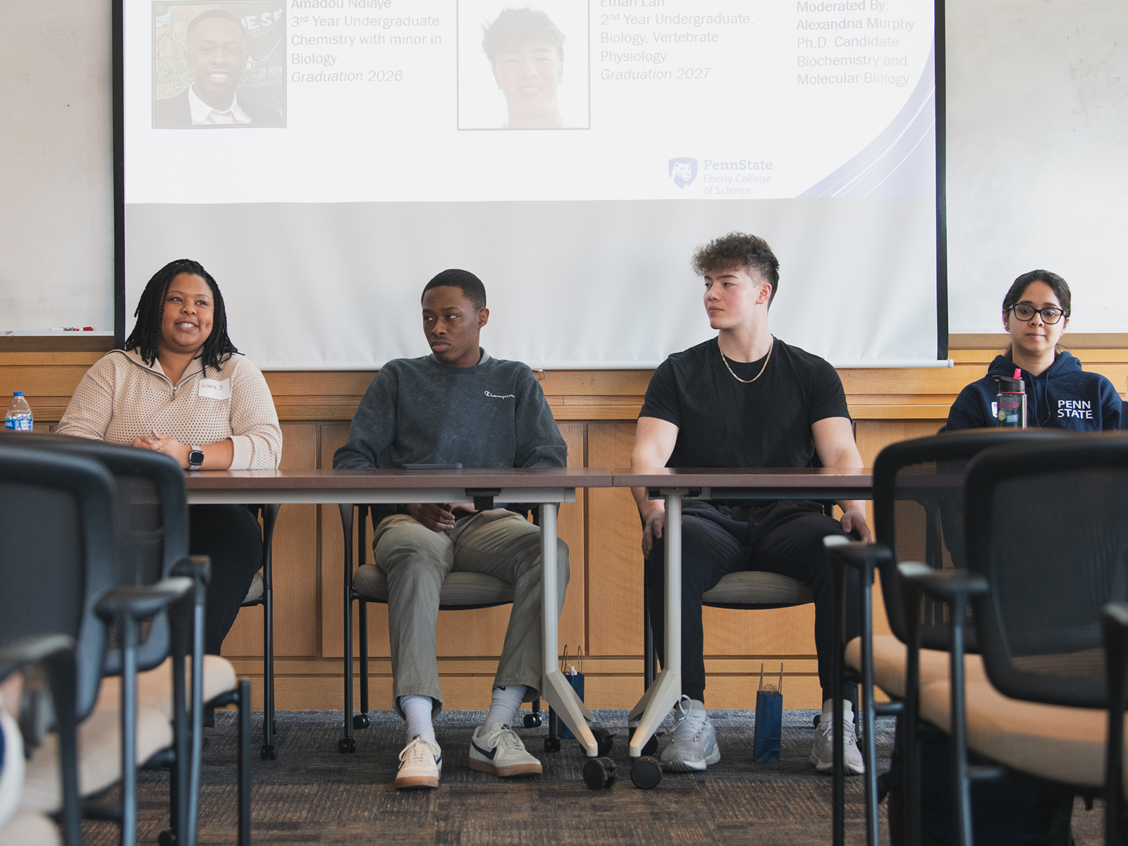 Penn State students Victoria Baskerville, Amadou Ndiaye, Ethan Lan, and Praveena Prasad participated in a panel at the Eberly College's inaugural Science Equity & Diversity Conference, March 19, 2025.