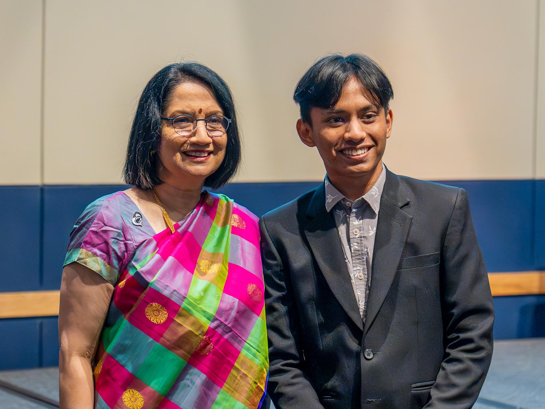 Muhammad Nazaruddin bin Mohd Salleh (right) with Penn State President Neeli Bendapudi (left) at the International Spring Banquet at the Penn Stater Hotel and Conference Center.