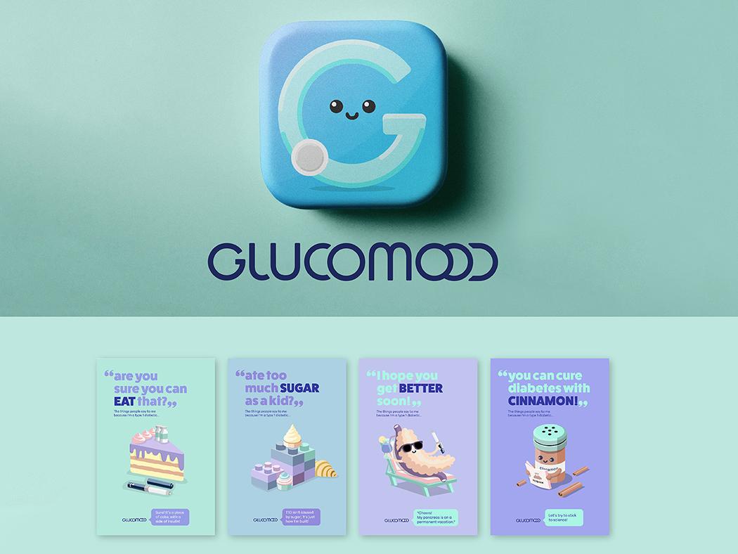 The icon and mobile screens for an app called Glucomood.