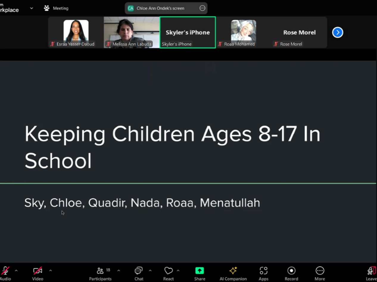 A Zoom screen with a PowerPoint slide that says "Keeping Children Ages 8-17 In School"
