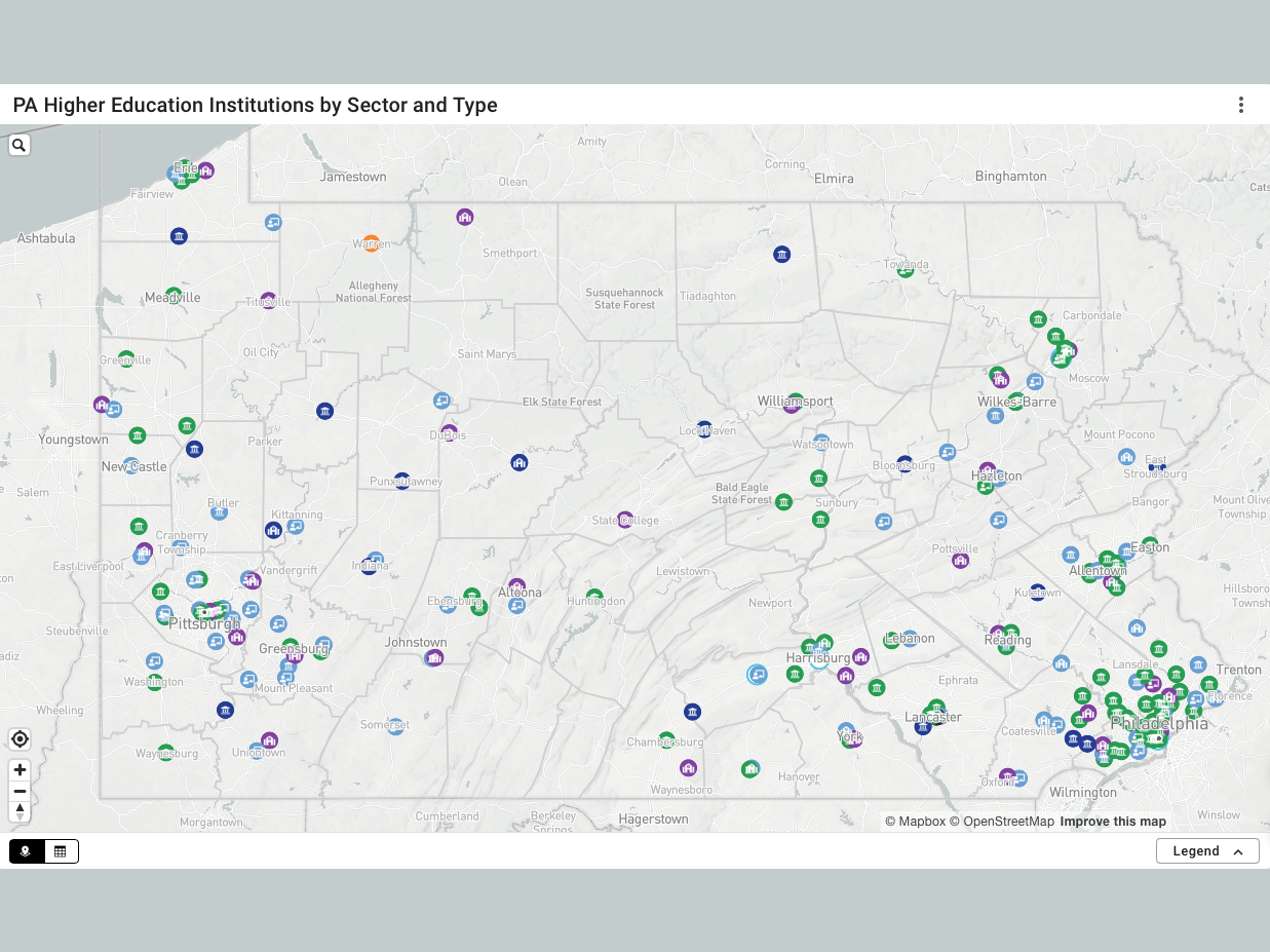 A map of Pennsylvania showing locations of higher education institutions by campus type.