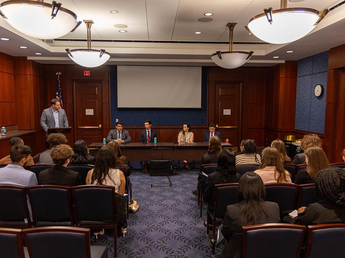 Penn State students attending a panel discussion with Penn State alumni in Washington DC