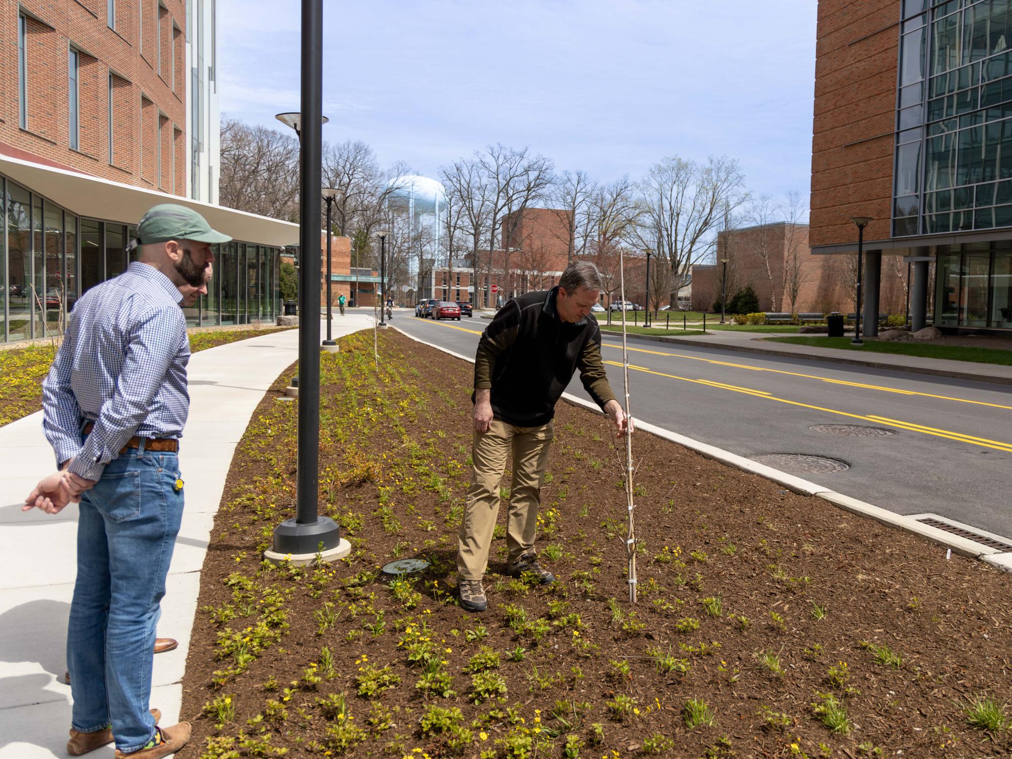 Tom Flynn inspects a tree planting as James Doyle looks on. 