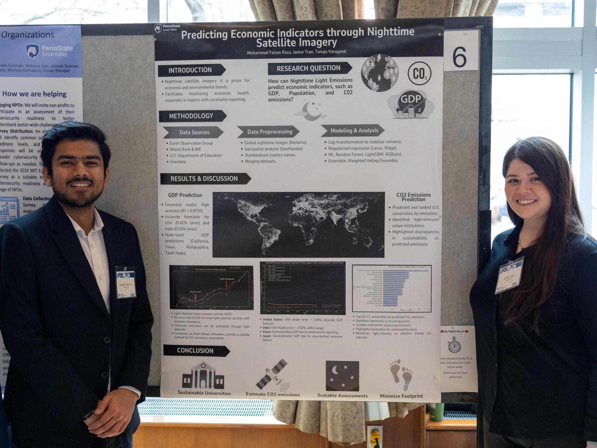 Two data analytics students stand in front of their research poster about nighttime satellite imagery as a tool for economic and environmental monitoring