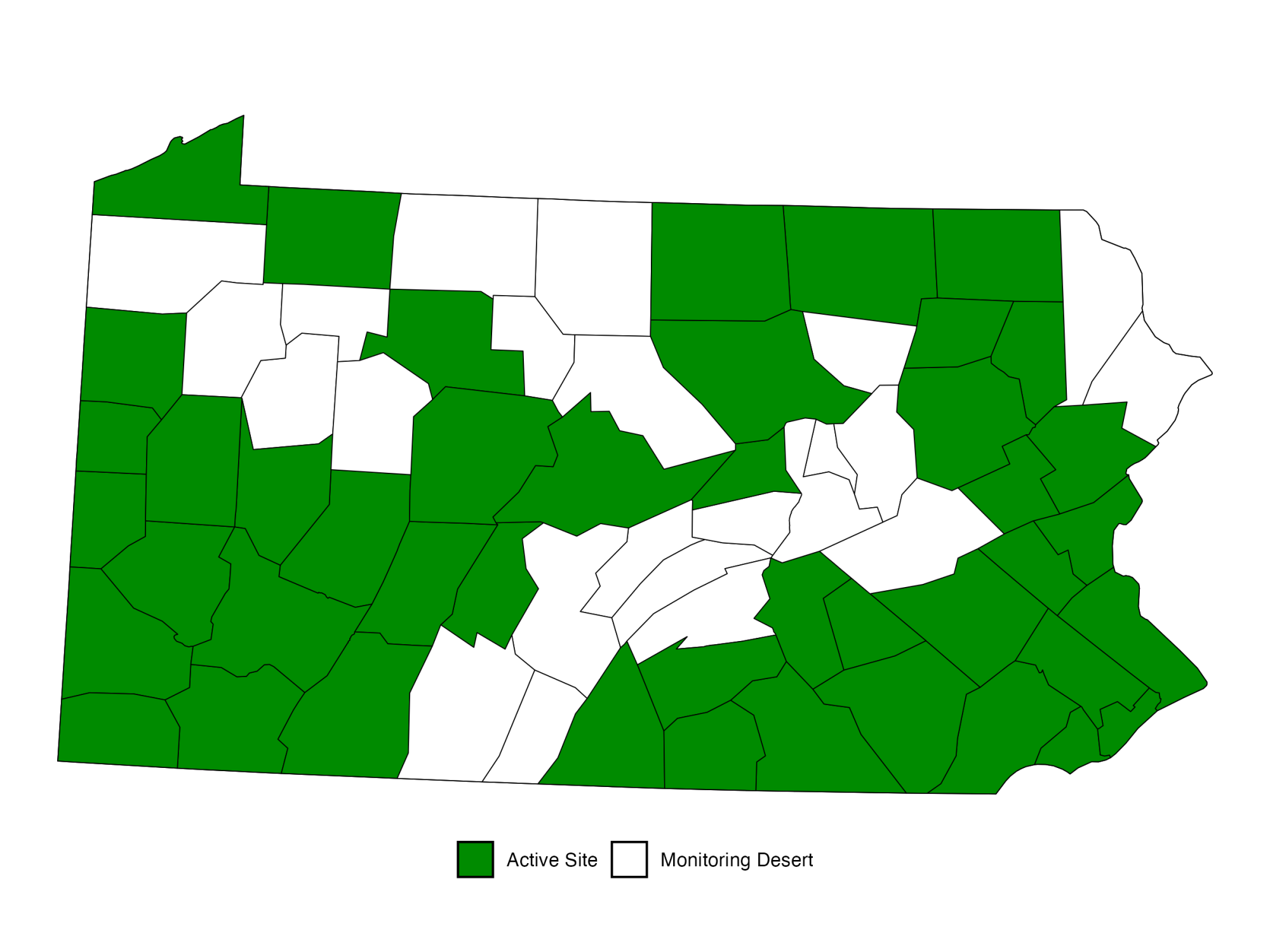 map of Pennsylvania counties. Most are green, but 28 are white