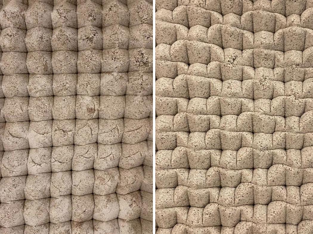 Side by side images of kinetic sand that has been 3D printed into construction casts.